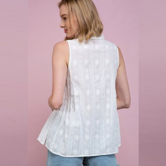 POL Women's Femme Embroidered Eyelet Trim V-neck with Tassel Ties Blouse Tunic - Picture 7 of 12